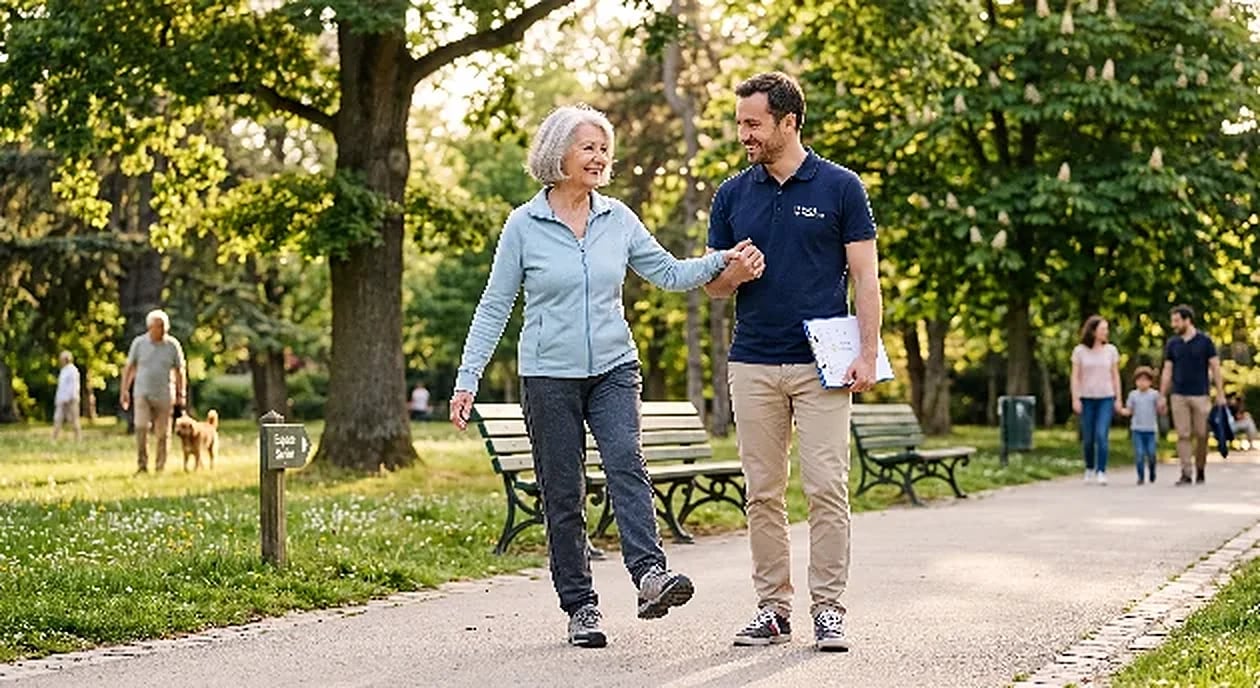 Coach sportif à domicile accompagnant un senior sur des exercices d'équilibre et de mobilité