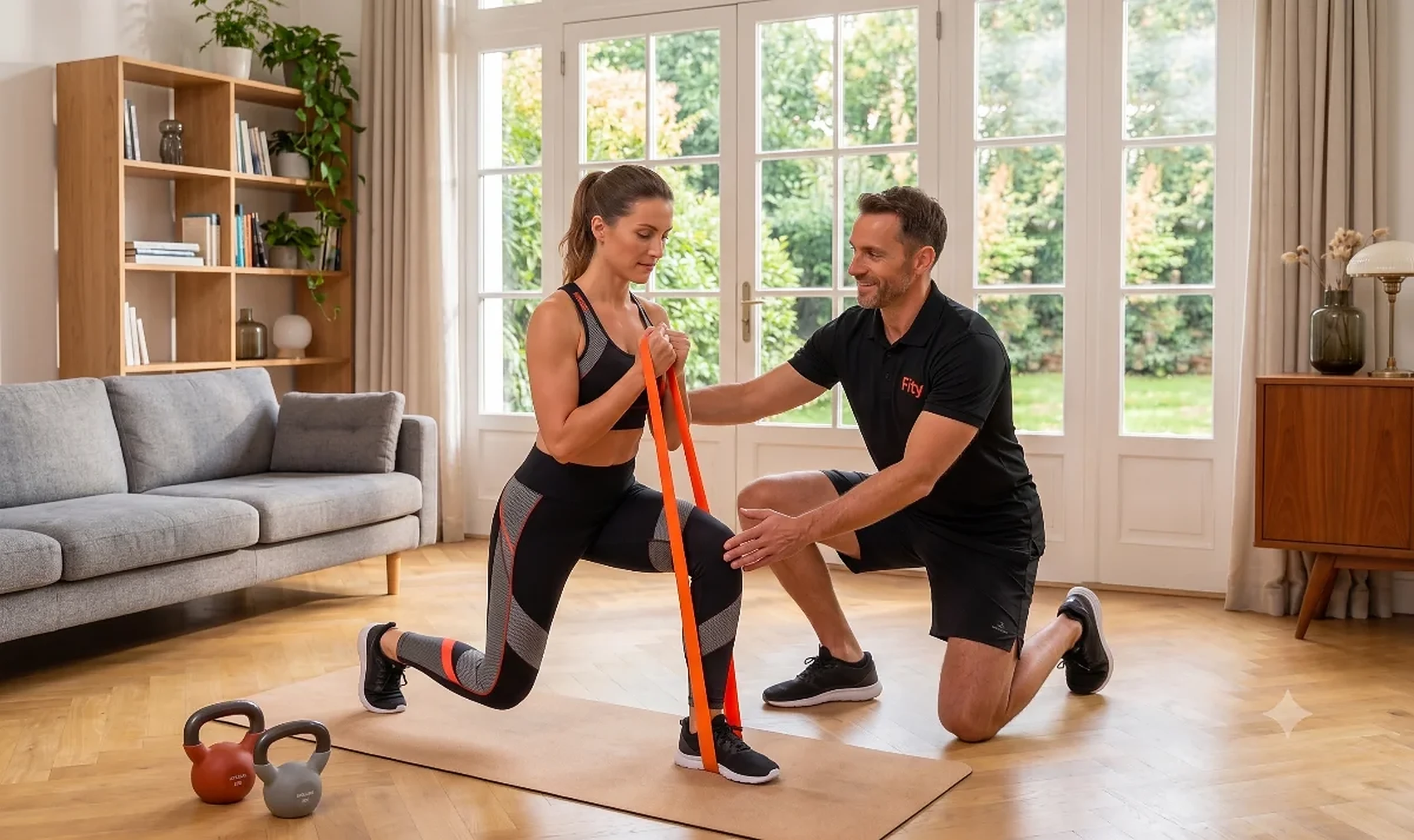 Coach sportif à domicile guidant une cliente lors d'une séance de renforcement dans son salon, à Paris